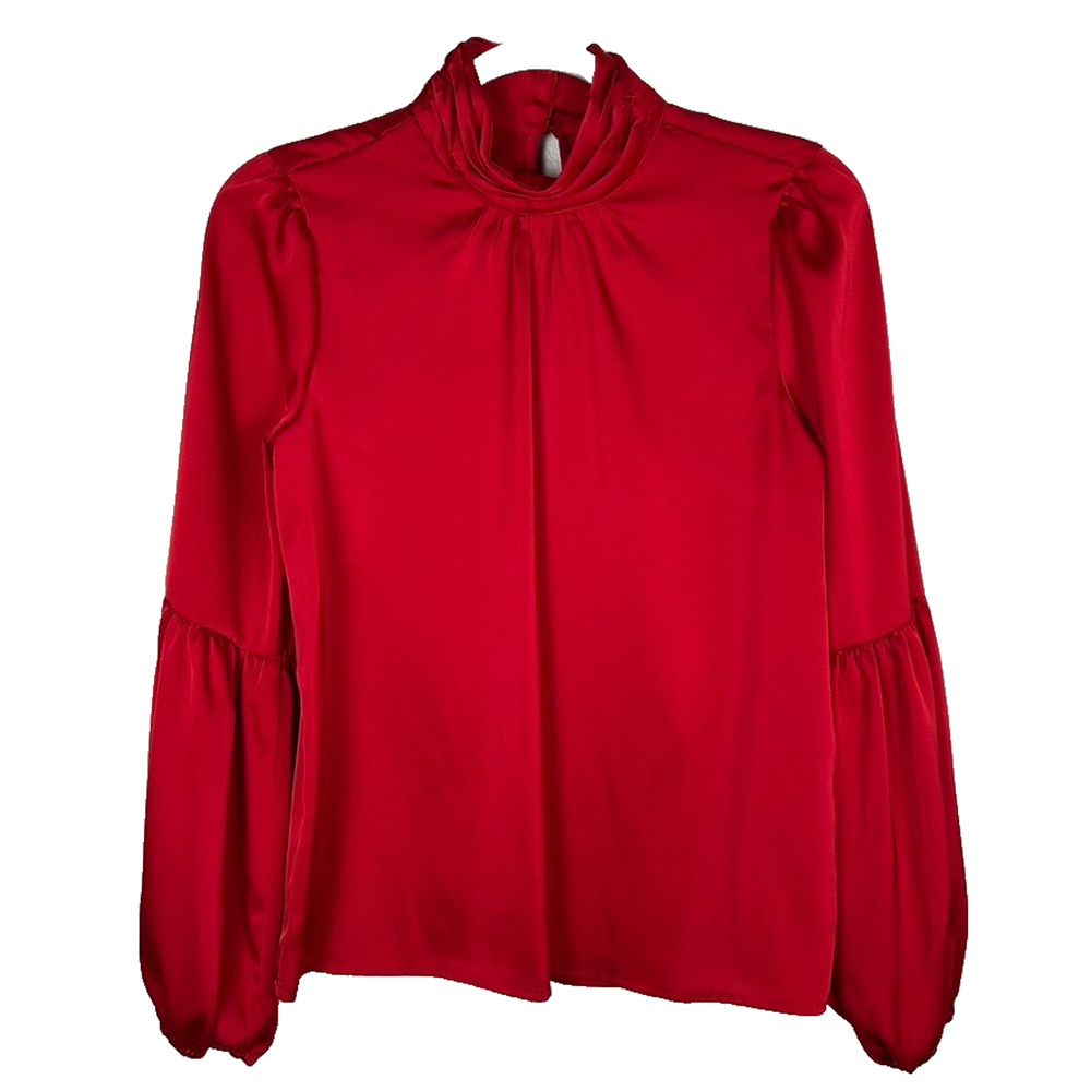 CeCe Womens Sz XS red satin blouse cowl neck Office Coquette Romantic Bohemian